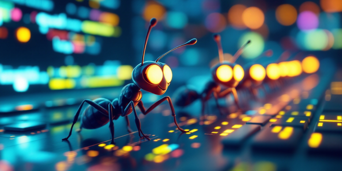 a line of ants on tiny computers, all writing codes together in a computer with perfect teamwork