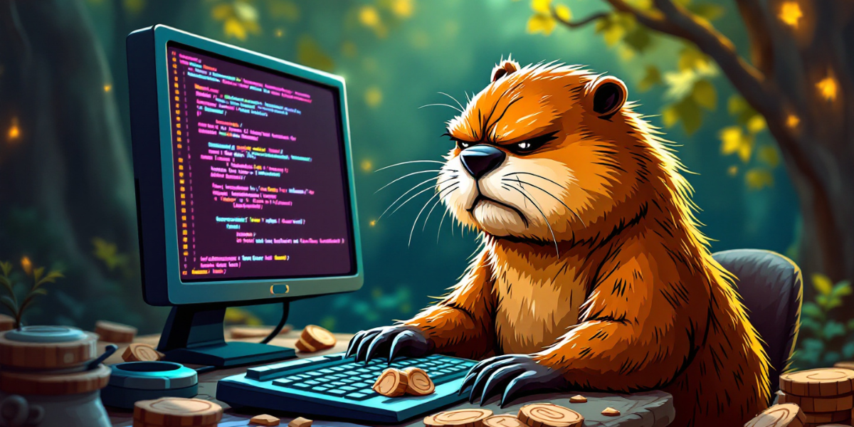 a frowning beaver writing codes in a computer with wood chips around