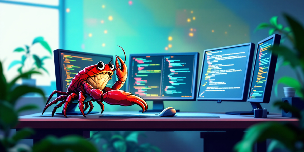 a crab at a desk with multiple monitors writing codes