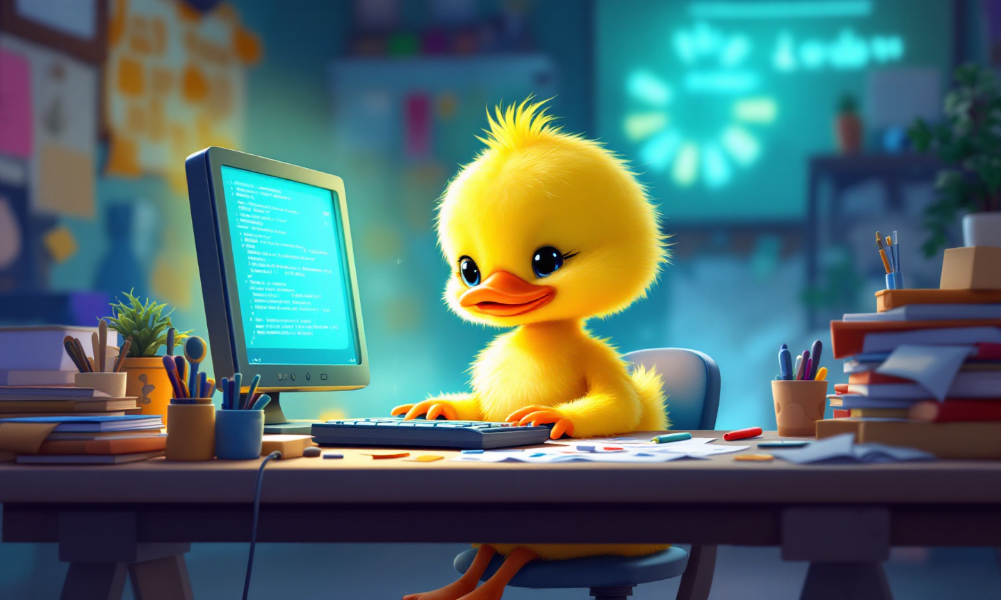 a duckling at a cluttered desk writing codes on a computer