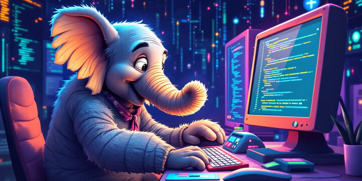 a elephant writing codes in a computer