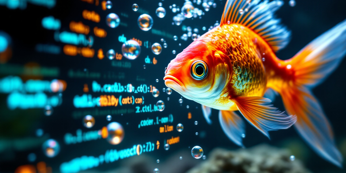 a goldfish tapping on a computer screen with writing codes and code bubbles