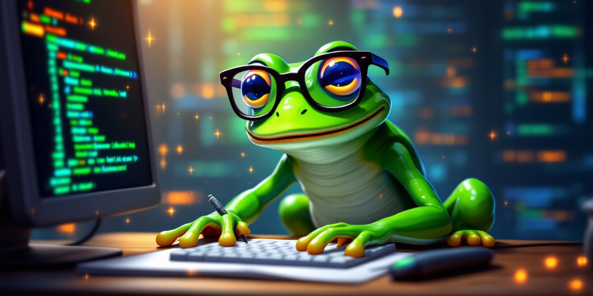 a frog wearing a glasses, writing codes on a computer