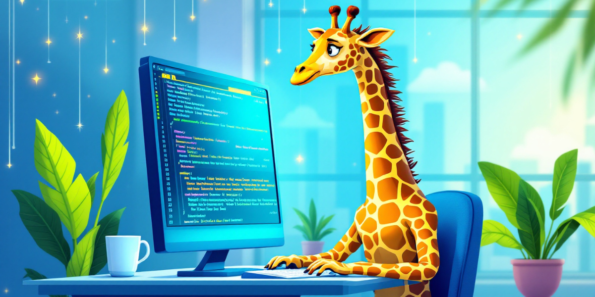 a giraffe coding on a very tall computer screen