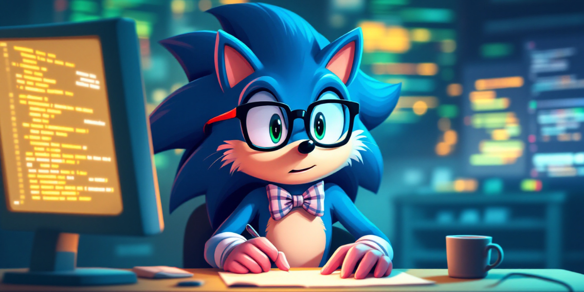 funny and nerdy cartoonish hedgehog with bowtie, glasses and writing codes in the computer