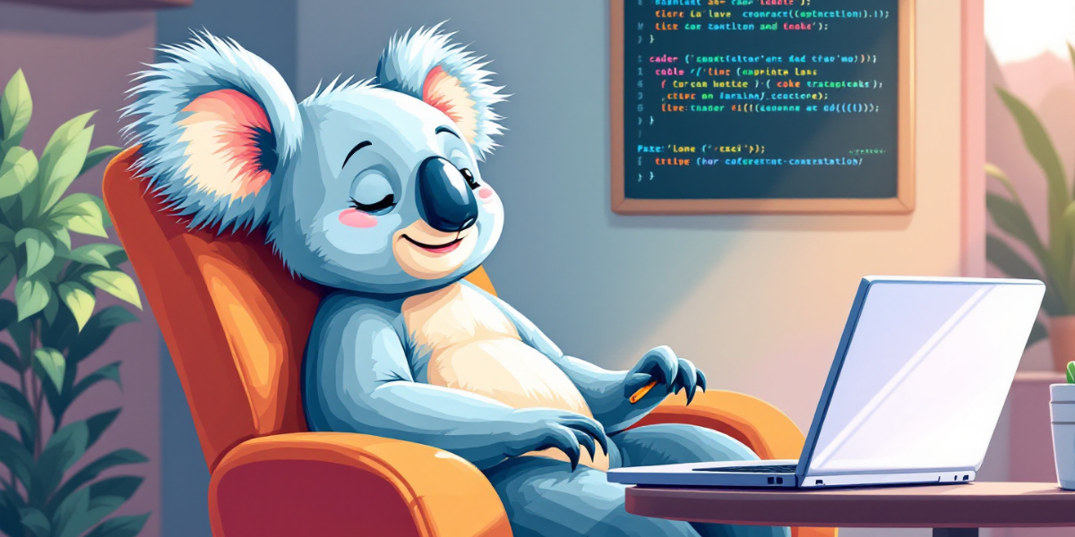 a koala in a chair, leaning back writing codes lazily on a laptop