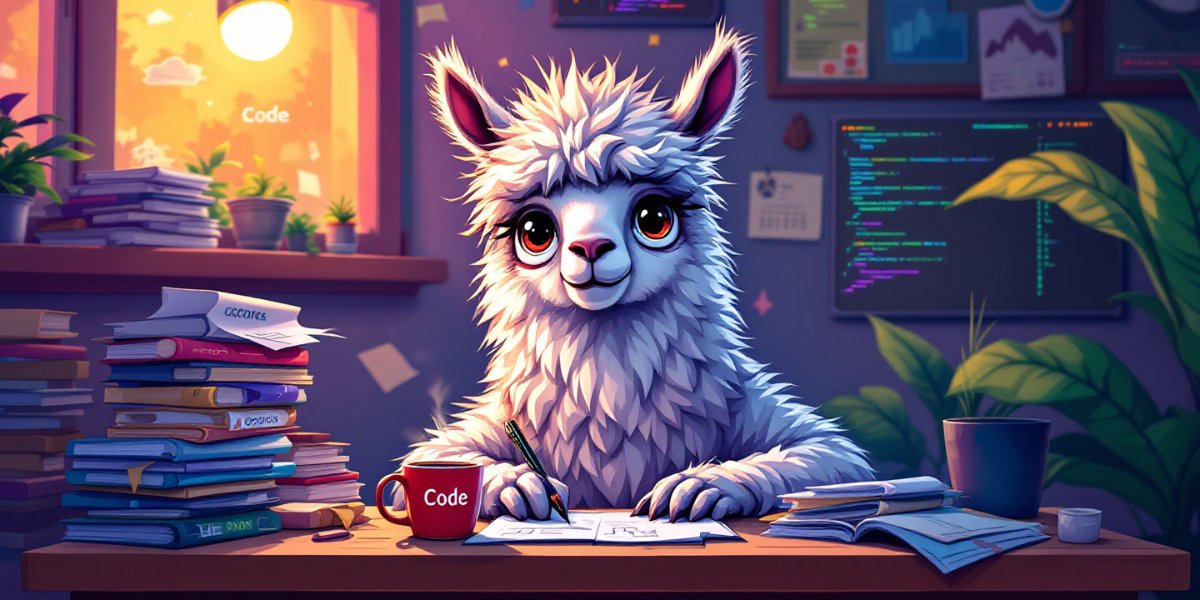 a llama with wild fur, surrounded by stacks of papers, coffee mugs and writing codes