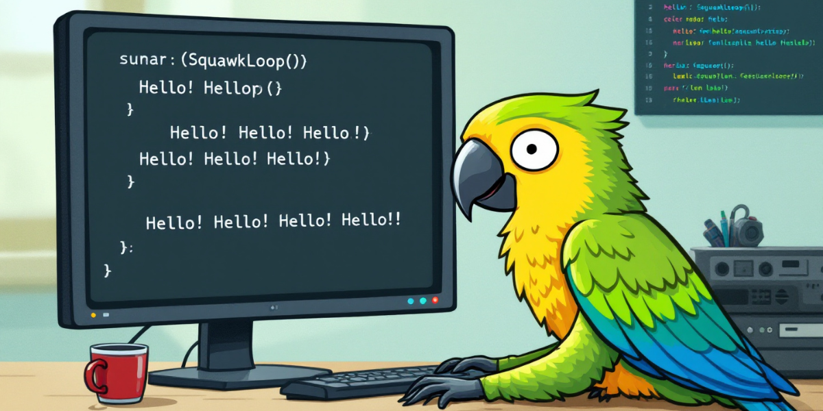 a cartoonish parrot programmer at a desk, squawking at the screen writing codes