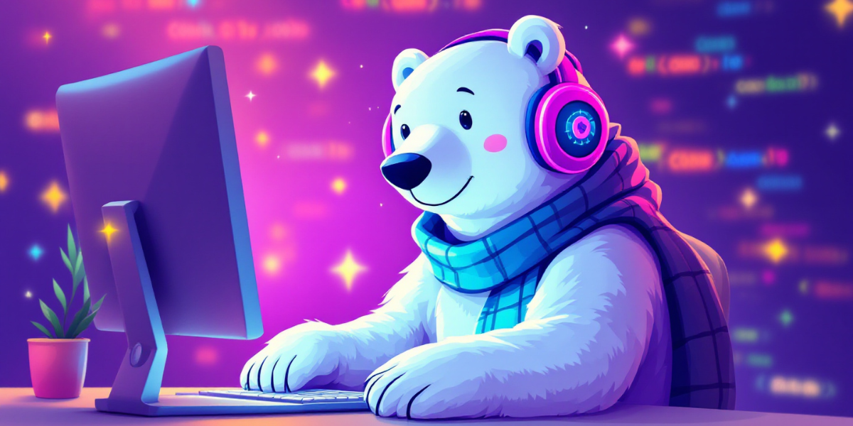 a polar bear bundled up with earmuffs and a scarf writing codes on a computer