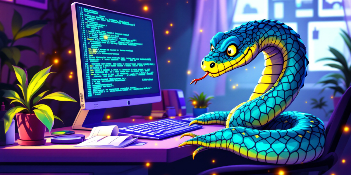 a snake wrapped and using its tail to write codes on a computer