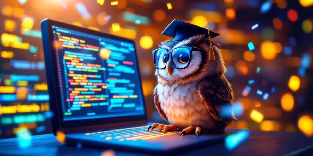 scholarly owl wearing glasses and a tiny graduation cap, typing on a glowing computer screen