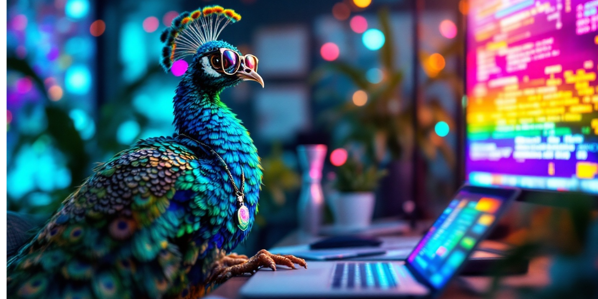 a creative peacock wearing trendy glasses and a marketing team lanyard working on a computer