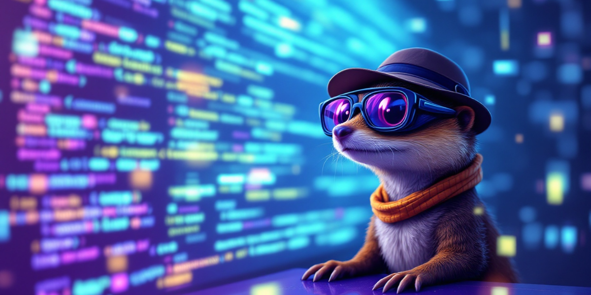 A clever mongoose wearing a detective cap and tech glasses, decoding content patterns in a holographic display