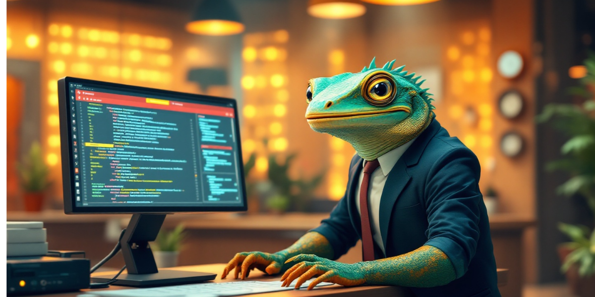 a methodical iguana wearing business attire, entering codes and organizing case study databases on a computer