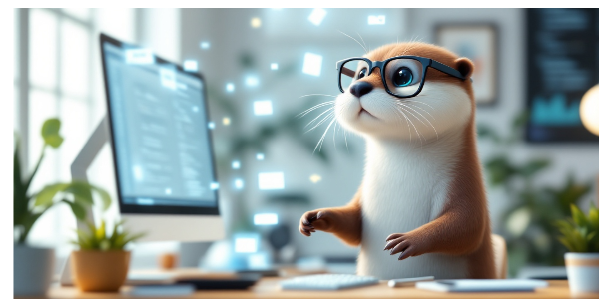 a tidy otter wearing minimalist glasses and a tech pocket protector, cleaning data streams on floating RSS displays