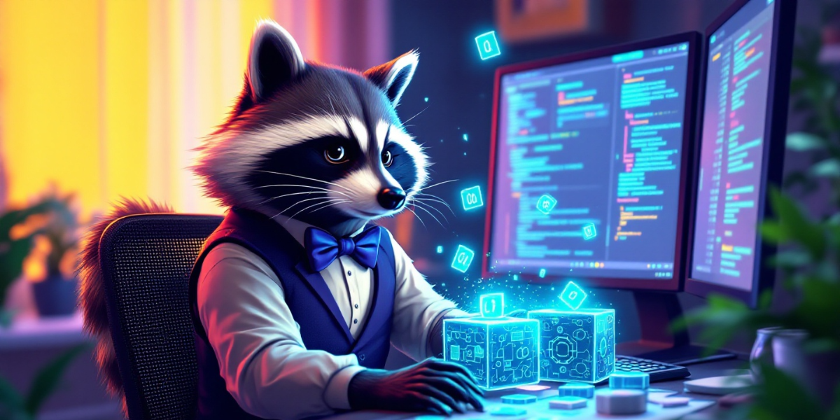 A sophisticated raccoon wearing a smart bowtie and vest, elegantly sorting holographic content boxes with its paws in front of a computer screen