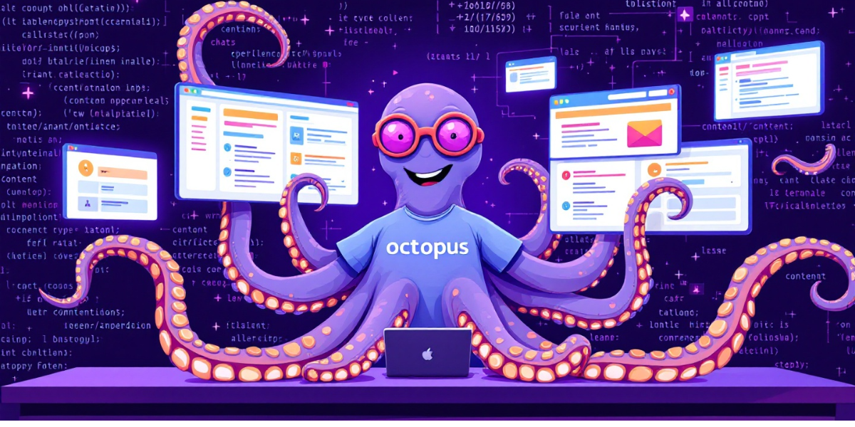 a skilled octopus wearing a tech company t-shirt, simultaneously managing multiple content migration screens with its tentacles