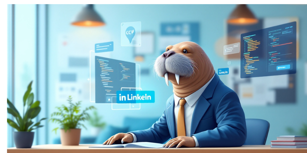 a professional walrus wearing business casual attire, extracting professional content on LinkedIn network floating computer display