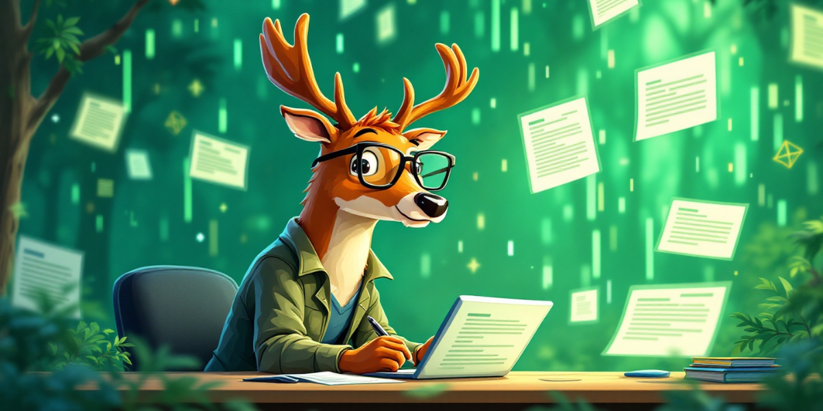 A meticulous deer wearing editor glasses and a casual blazer, refining text on multiple floating screens