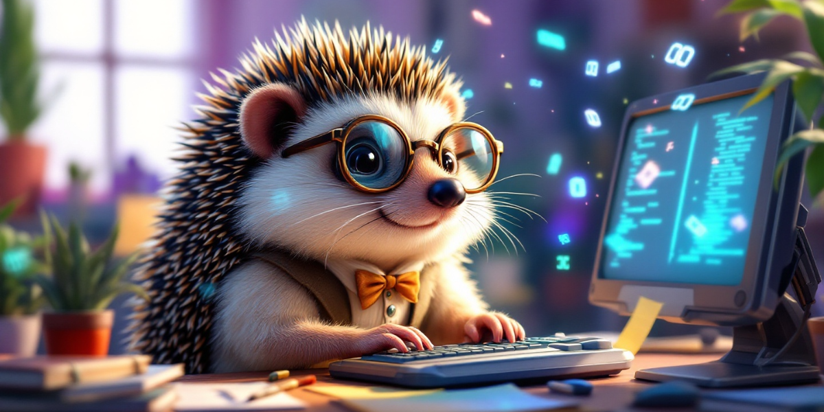 A literary hedgehog wearing vintage reading glasses, typing on a retro-futuristic computer with floating digital codes