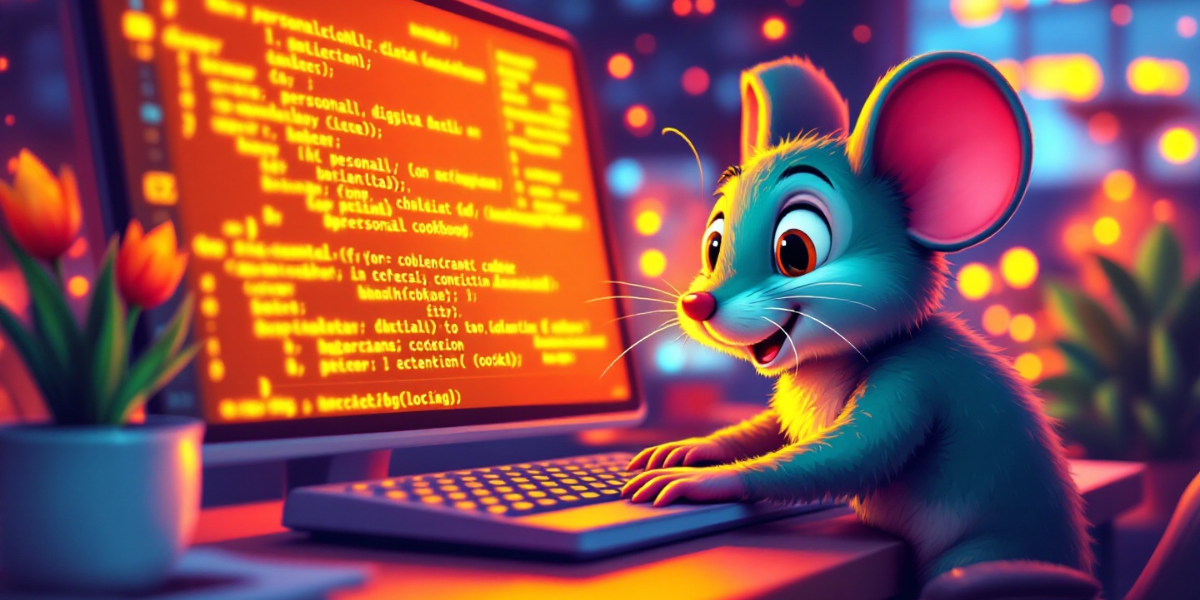 A cheerful tech-savvy mouse writing codes in in a computer screen