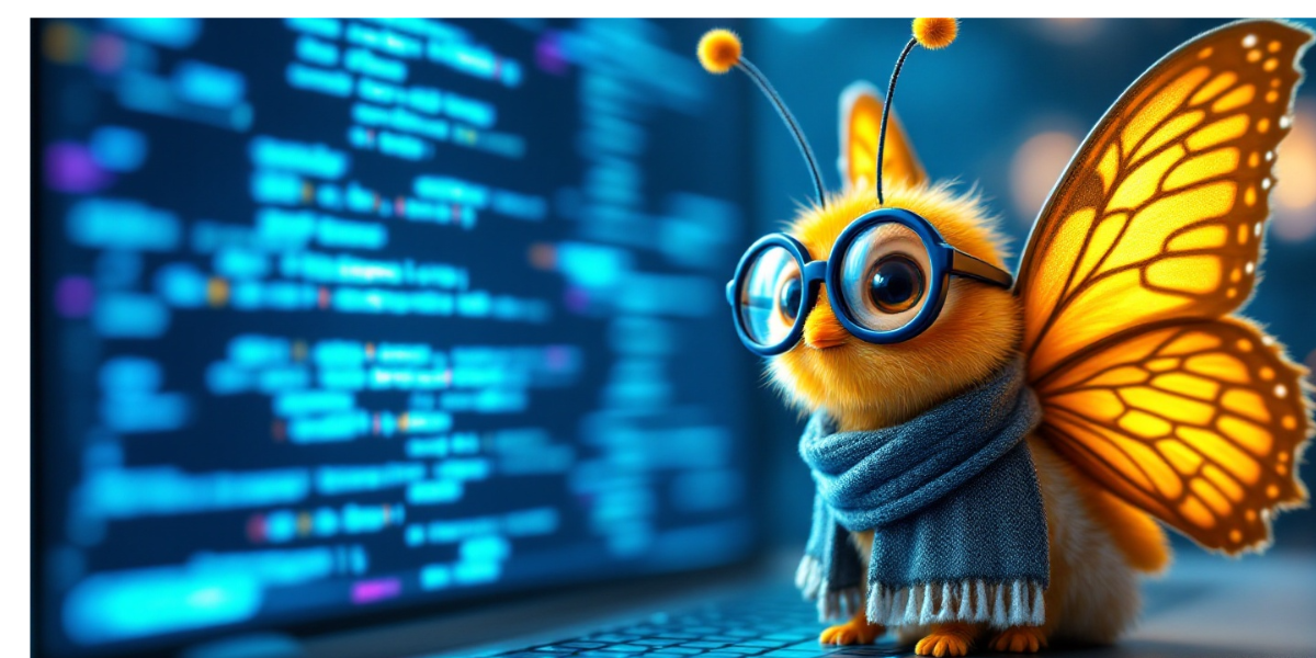 A social butterfly wearing analyst glasses and a data science scarf, gathering Facebook group insights on floating computer display