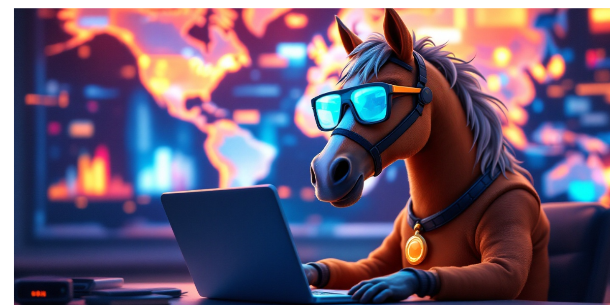 a horse wearing international smart glasses and a global tech badge, analyzing worldwide global online content on a computer display