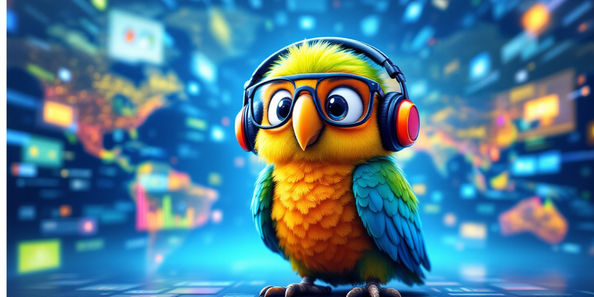 a worldly parrot wearing translator headphones and smart glasses, processing multi-language code on global floating displays