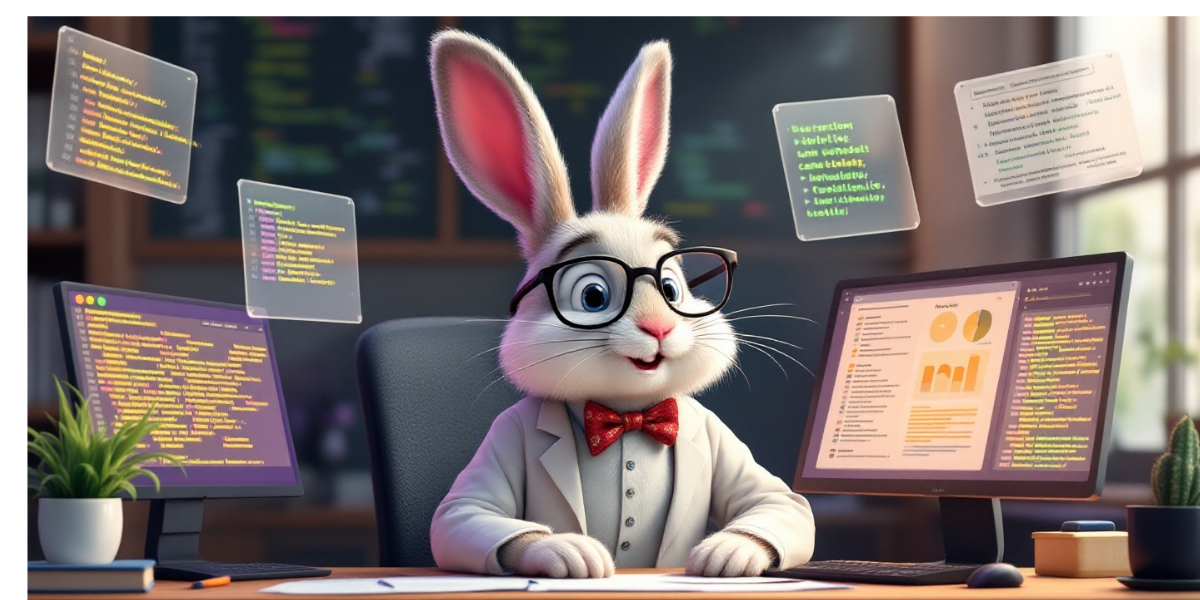 a scholarly rabbit wearing professor glasses and a smart bowtie, organizing language data on educational floating computer displays