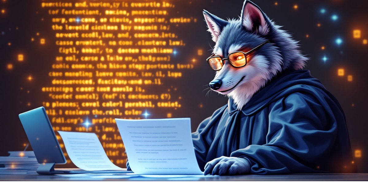 a distinguished wolf judge wearing tiny spectacles and a digital court robe, processing legal documents on floating legislative screen