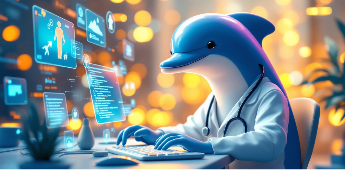 a gentle dolphin wearing a digital stethoscope and lab coat, organizing medical research on floating displays