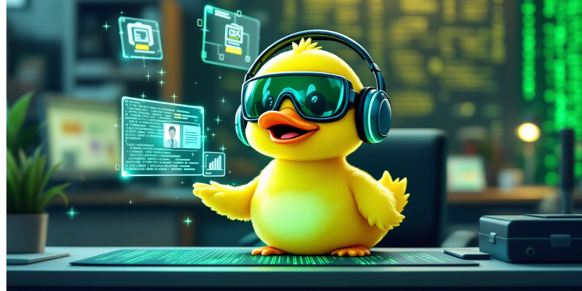 a duck wearing IT support gear, carefully transferring holographic website data between floating displays