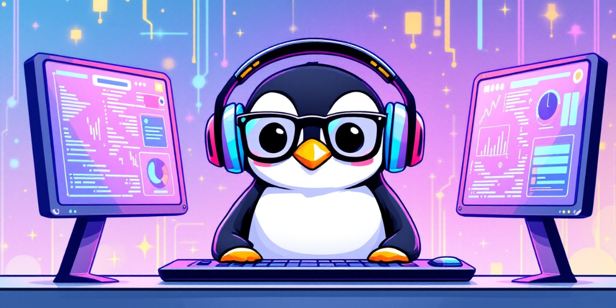 focused penguin wearing reading glasses and headphones, working on two computer monitors