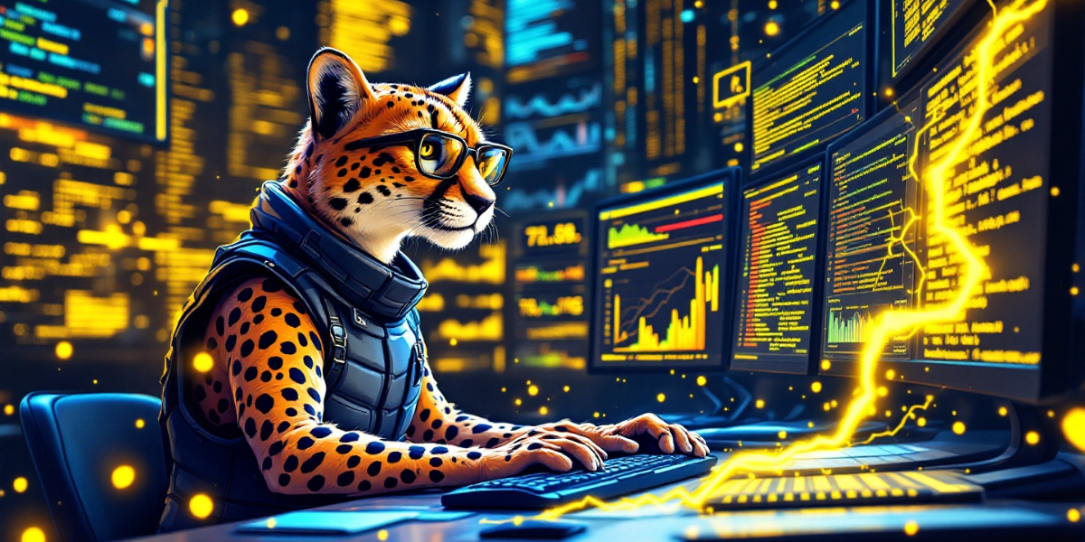 A strategic cheetah wearing smart glasses and a sleek tech vest, analyzing multiple data screens with lightning-fast typing