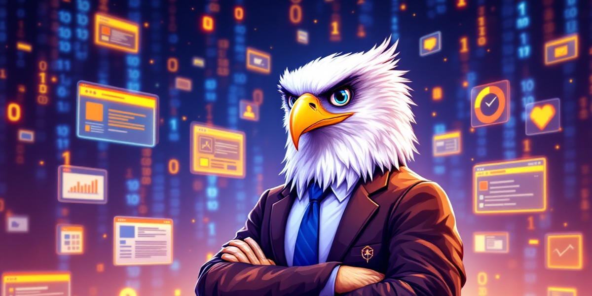 A sharp-eyed eagle wearing a business casual outfit, simultaneously analyzing multiple floating website displays