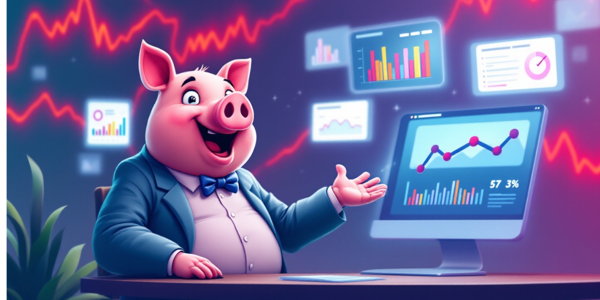 a charismatic pig wearing a smart casual blazer, analyzing conversion data on dynamic floating dashboards for Sales Page Analysis