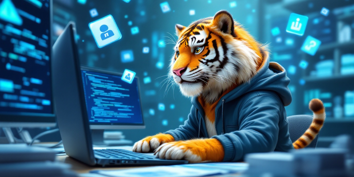 An organized tiger wearing a tech company hoodie, masterfully arranging floating digital archives on multiple screens