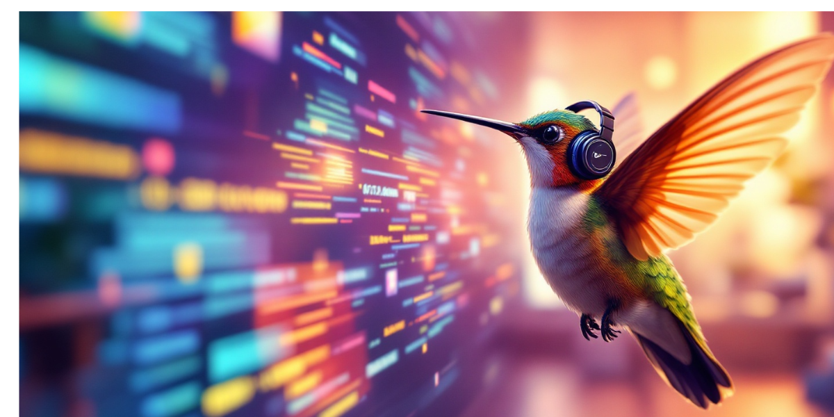 a hummingbird wearing translator headphones, rapidly processing language data on the screen