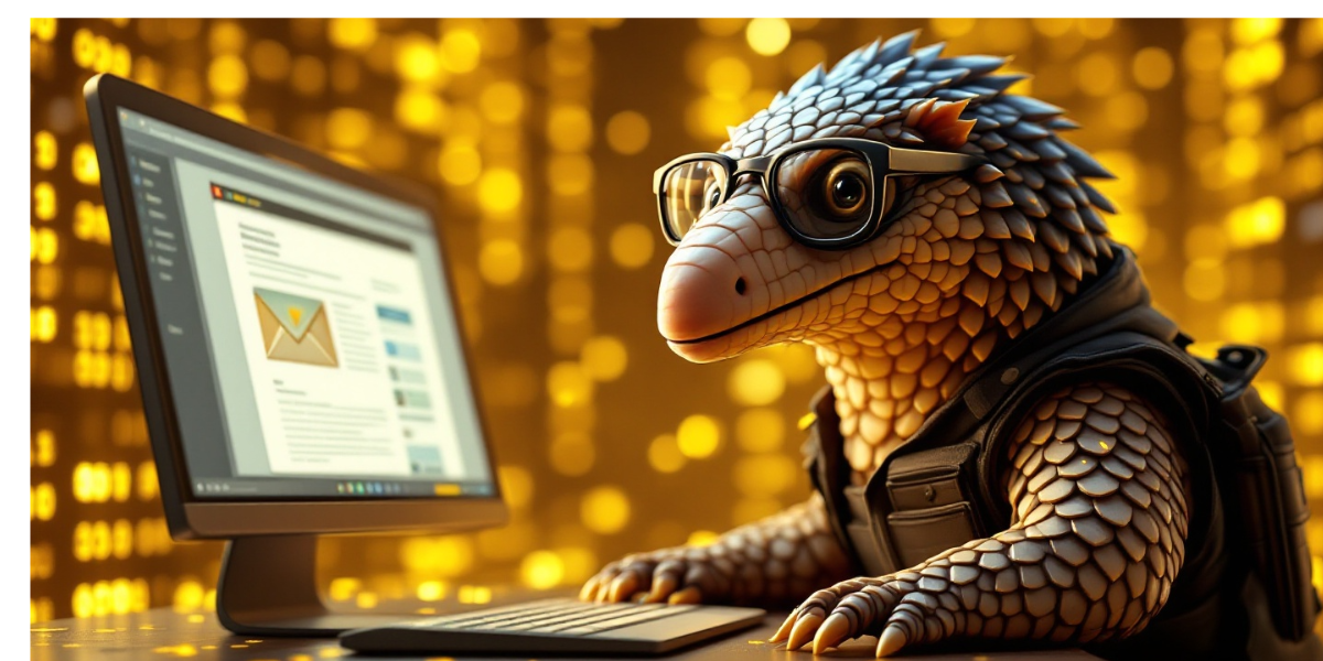 a pangolin wearing archivist glasses and a vest, preserving digital newsletter content on floating computer display