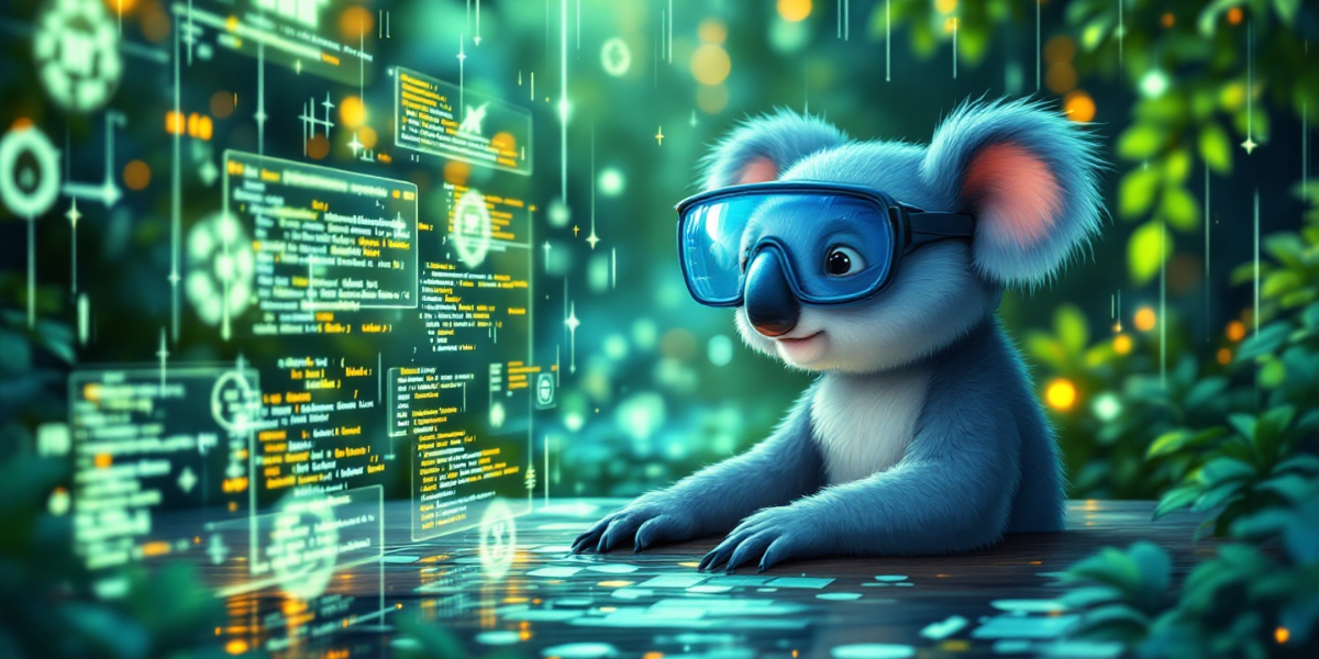 A focused koala wearing a data analyst visor, calmly processing streams of Text-Only SEO data on floating screens