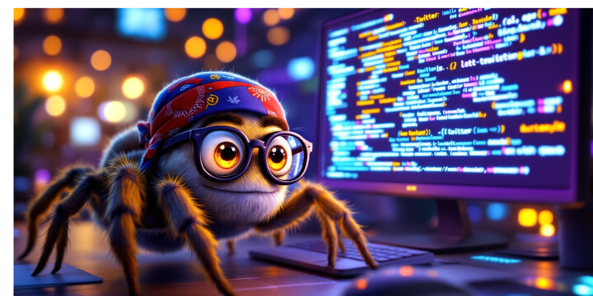 a patient spider wearing digital glasses and a web-development bandana, weaving thread data into organized computer display