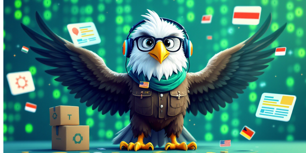 an eagle wearing translation earbuds and cultural accessories, with flags floating on the screen