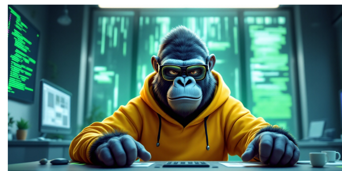 a powerful gorilla wearing developer glasses and a coding hoodie, architecting API systems on massive floating displays