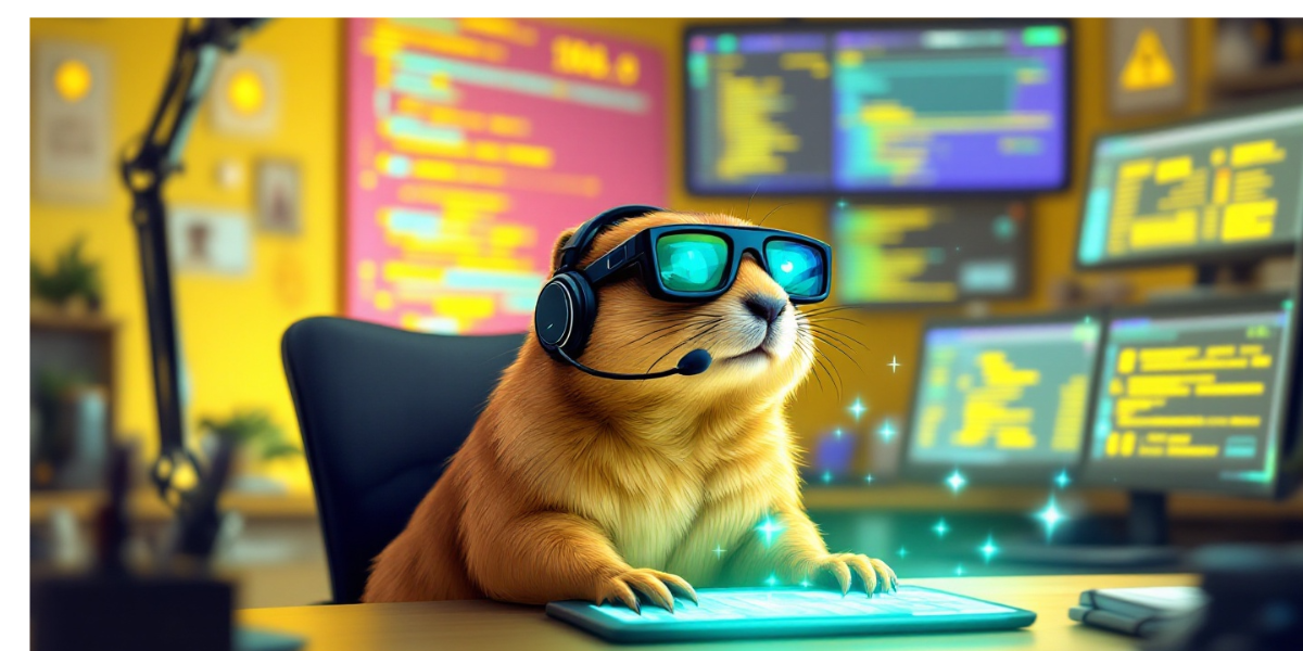 an attentive prairie dog wearing smart glasses and a monitoring headset, tracking changes on multiple alert screens