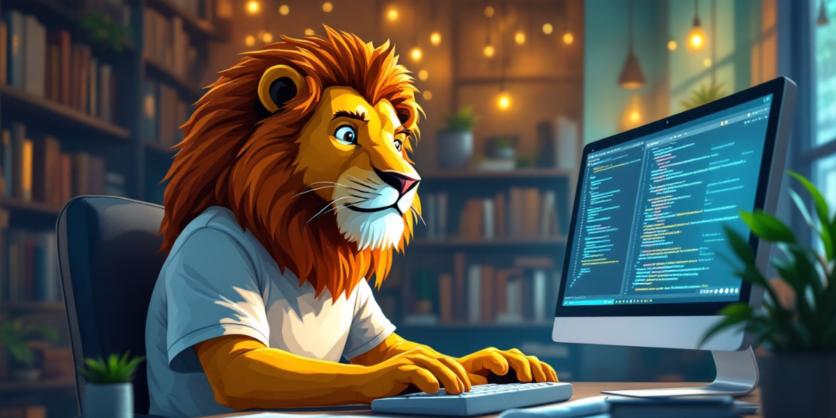 a casual lion efficiently typing code in a computer