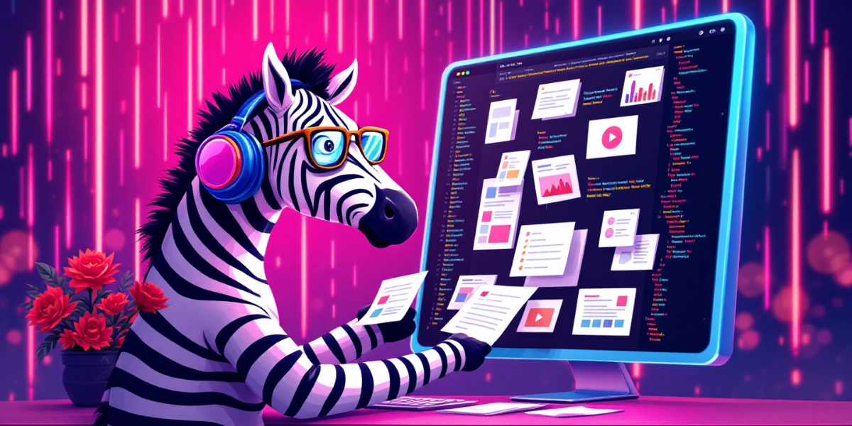 A trendy zebra wearing hipster glasses and headphones, expertly organizing digital content cards on a massive vertical screen