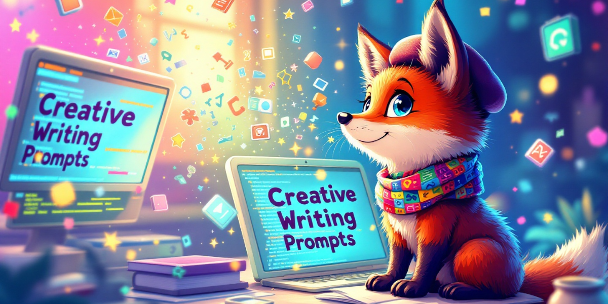 a creative fox with colorful fur wearing a beret and scarf, magically transforming lines of code on creative writing prompts