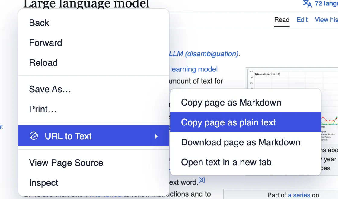 The URL to Text submenu in Chrome's right-click menu: copy page as Markdown, copy page as plain text, download page as Markdown, open text in a new tab